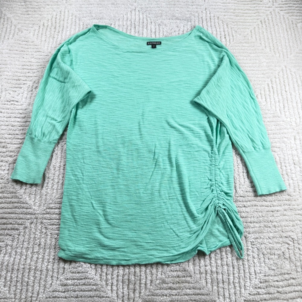 Express Side Ruched Knit Top Womens S Green 3/4 Boat Slub Pastel Coastal Resort